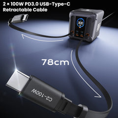 300W GaN USB Charging Station | LED Display + Retractable 100W & 65W USB-C PD3.0 PPS Fast Charger