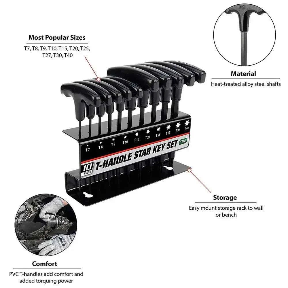 10 Pcs Professional T-Handle Hex Key Set | Metric or SAE Master Allen Wrench Kit with Wall-Mount Storage Stand