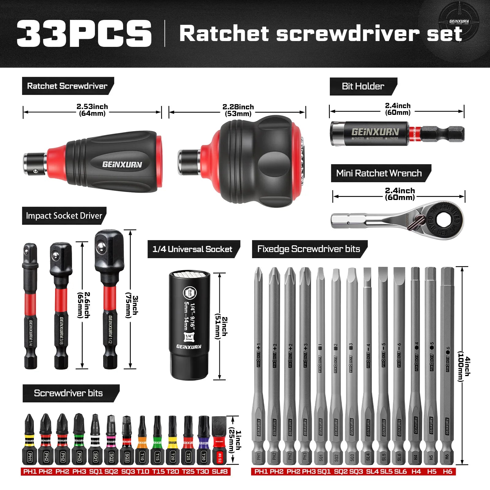 Impact Magnetic Screwdriver Set | Stubby 2-in-1 Ratchet Handle Dual-End Socket Wrench Bits Nut Driver