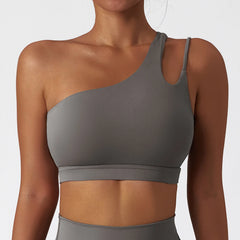 Women's Oblique Shoulder Yoga Bra | Hollow-Out Back Push-Up Gym Running Fitness Vest Workout Top