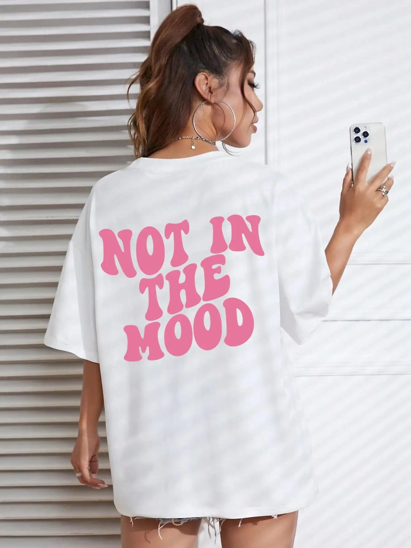 Women's "Not In The Mood" Pink Letter Print T-Shirt | Cotton Oversized O-Neck Breathable Summer Casual