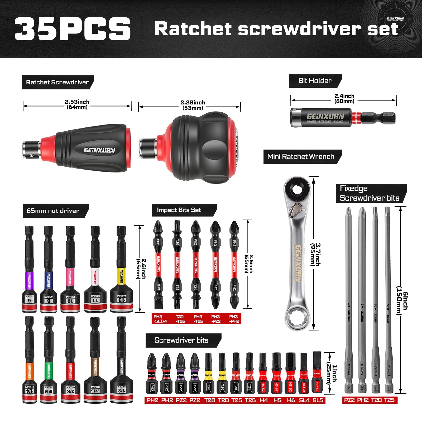 Impact Magnetic Screwdriver Set | Stubby 2-in-1 Ratchet Handle Dual-End Socket Wrench Bits Nut Driver