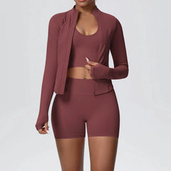 Women's 3-Piece Seamless Yoga Suit | Shockproof Bra Crop Top & Long Sleeve Gym Legging Set