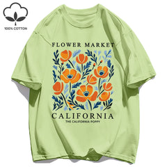 Women's California Yellow Flowers Market Print T-Shirt | Soft Cotton O-Neck Casual Crewneck Short Sleeve