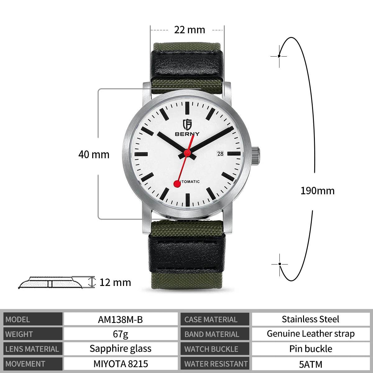 BERNY Swiss Railroad Automatic Watch - SnaggIt