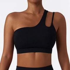 Women's Oblique Shoulder Yoga Bra | Hollow-Out Back Push-Up Gym Running Fitness Vest Workout Top