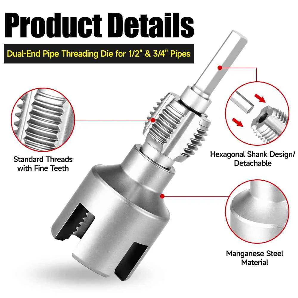 Professional Hex Shank Pipe Threading Tool | Internal & External Die Set for 1/2", 3/4" & 1" Pipes