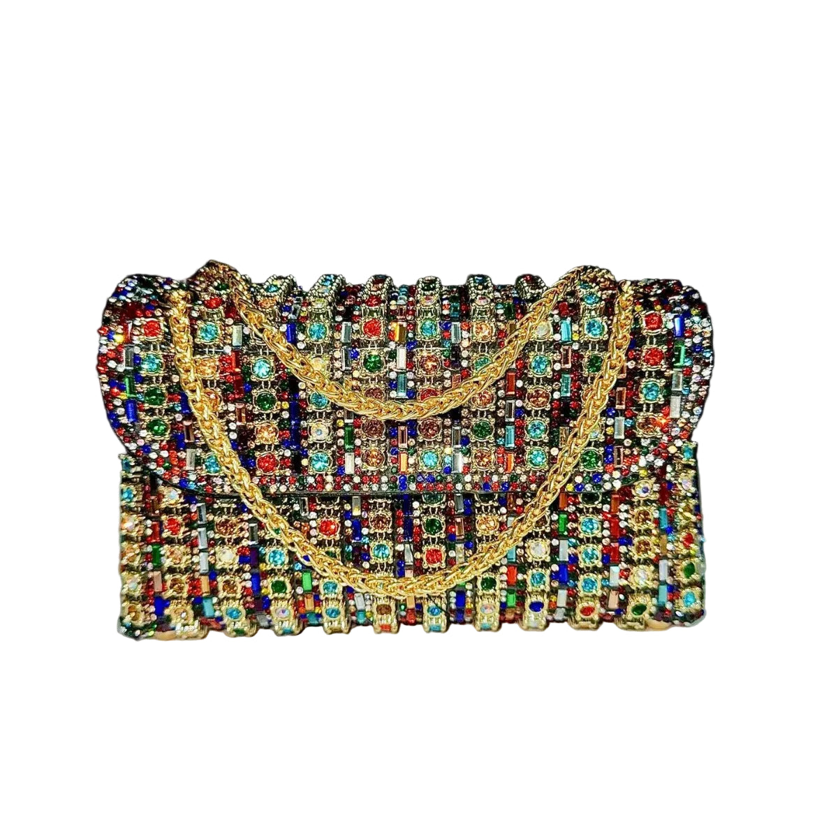 Multicolored beaded handbag with gold handle on a white surface