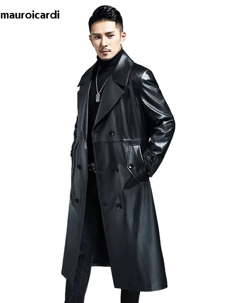 Long Waterproof Black PU Leather Trench Coat by Snagg A Coat