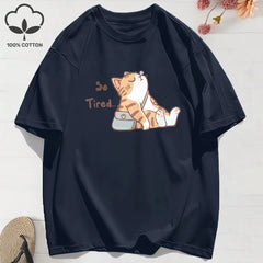 “Too Tired Cat” 100% Cotton Tee, Soft Relaxed Fit Streetwear Graphic Shirt