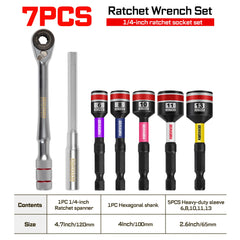 1/4" Ratchet Wrench Set – Heavy Duty Socket, Magnetic S2 Steel Bits with Colour-Coded Base for DIY