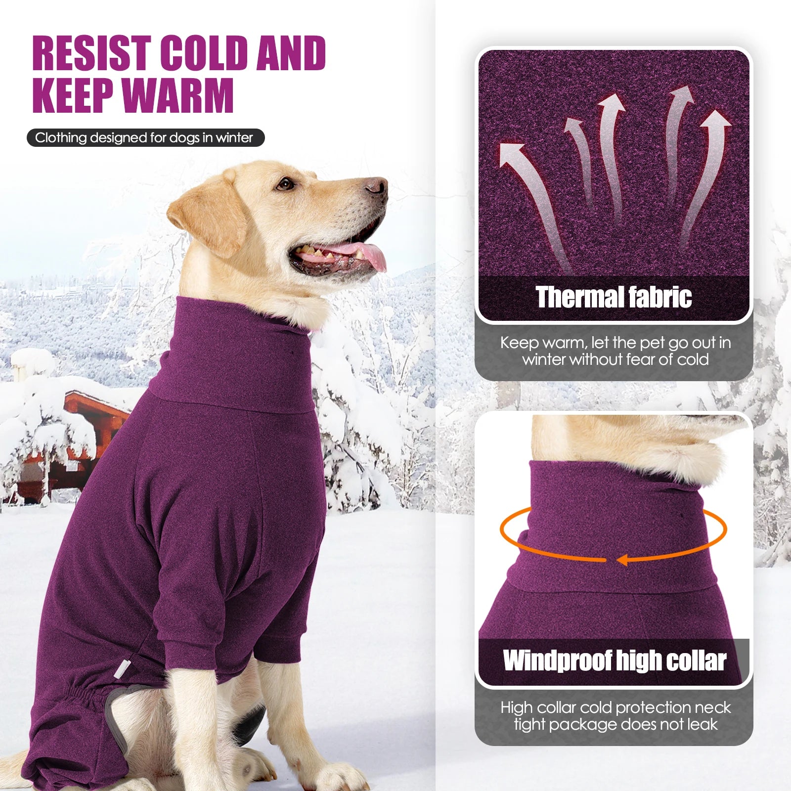 High-Collar Fleece Dog Jumpsuit – Windproof 4-Leg Winter Overalls for Large Dogs