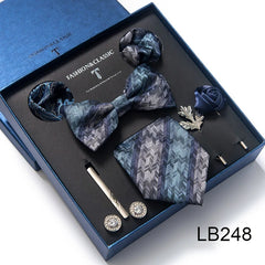 Complete Silk Tie Set for Men — Bow Tie, Necktie, Pocket Square & Accessories