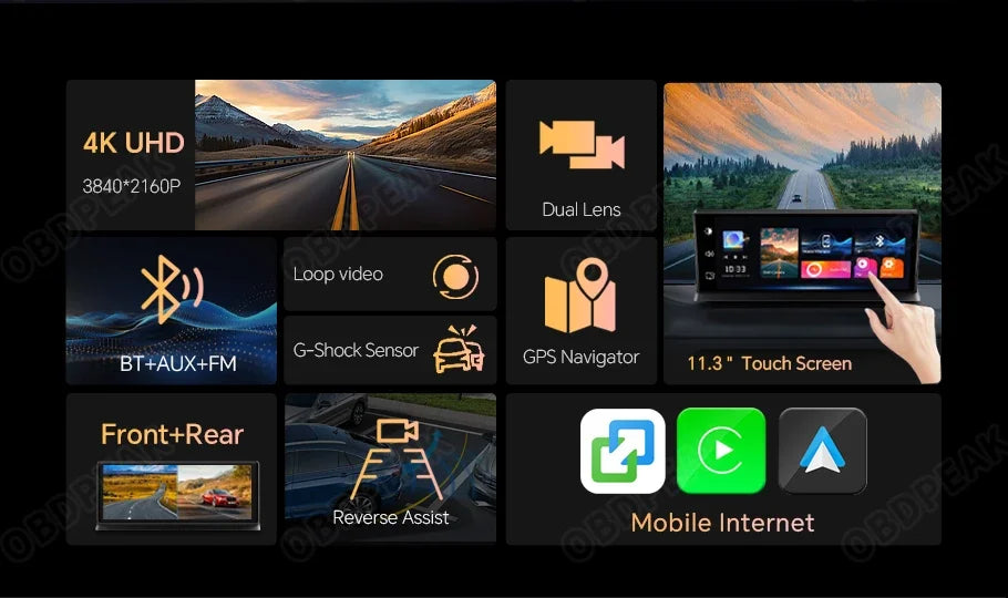 11.3" 4K Dash Cam – Rearview Camera DVR with CarPlay, Android Auto & GPS Navigation by Snagg A Car DVR