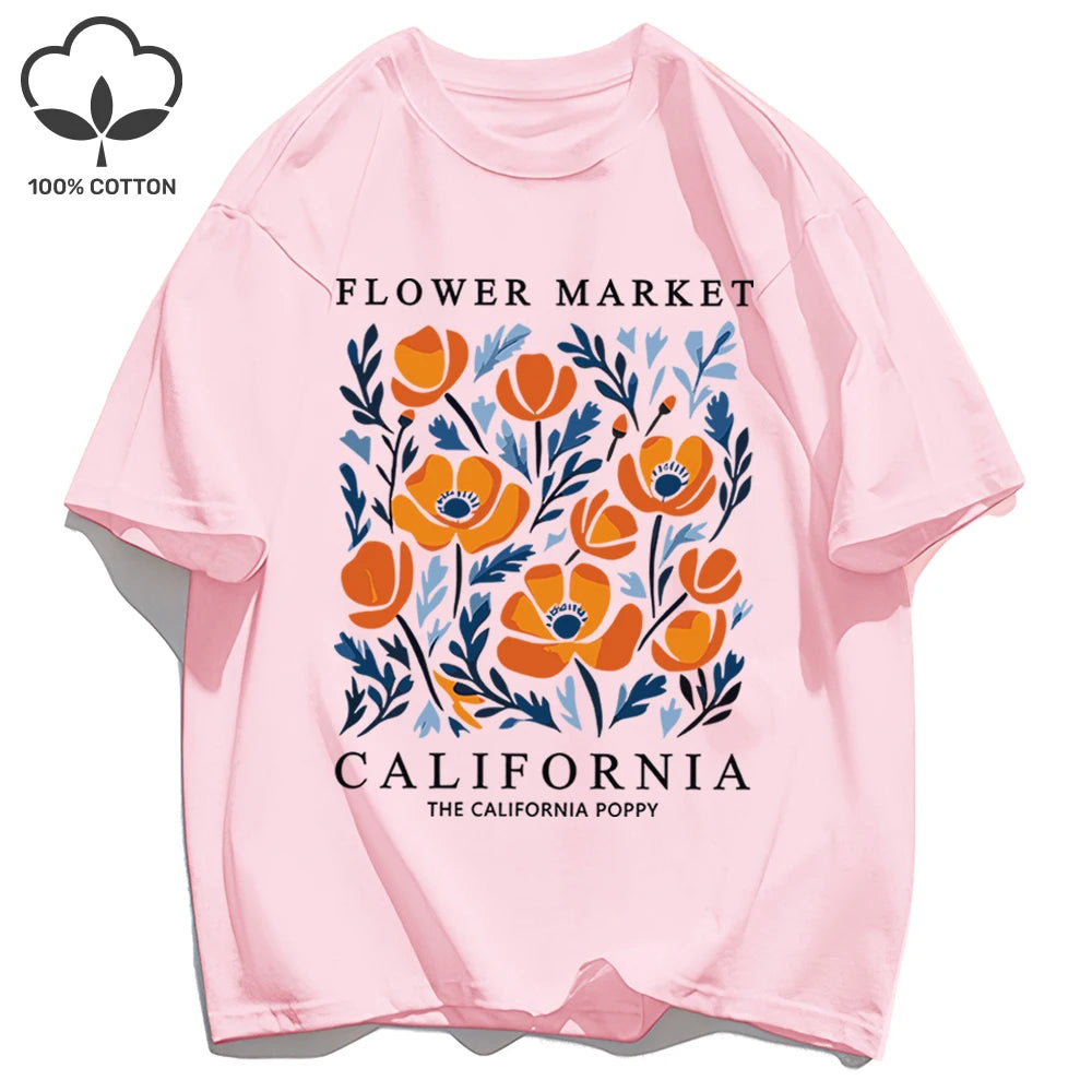 Women's California Yellow Flowers Market Print T-Shirt | Soft Cotton O-Neck Casual Crewneck Short Sleeve