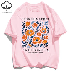 Women's California Yellow Flowers Market Print T-Shirt | Soft Cotton O-Neck Casual Crewneck Short Sleeve