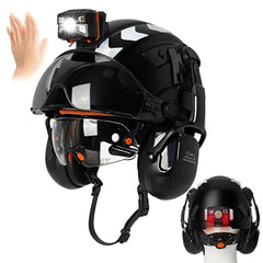 Construction safety helmet with earmuffs and head lamp – image 1