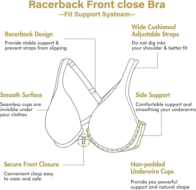 Plus Size Front Closure Racerback Bra | Underwire Plunge Full Coverage Supportive Unlined