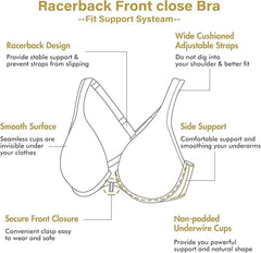 Plus Size Front Closure Racerback Bra | Underwire Plunge Full Coverage Supportive Unlined