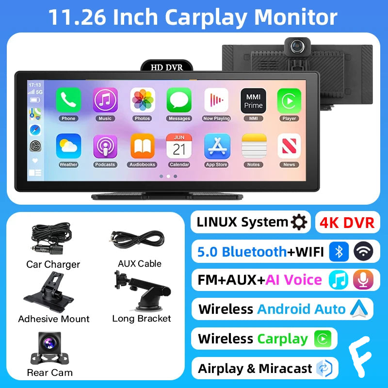 10"/11.26" 4K Dual Lens DVR with Wireless CarPlay by Snagg A Car DVR