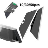Black triangular cutting boards with a clear plastic holder and a close-up of a knife blade on a white background.