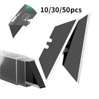 Black triangular cutting boards with a clear plastic holder and a close-up of a knife blade on a white background.