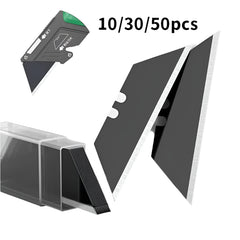 Black triangular cutting boards with a clear plastic holder and a close-up of a knife blade on a white background.