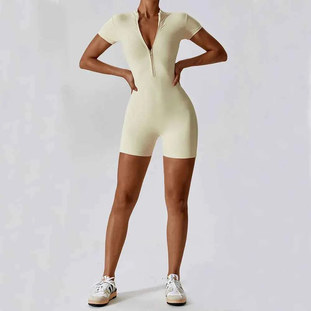 Women's Short Sleeve Zipper Yoga Jumpsuit | Sports Bodysuit Gym Fitness Dance Running Workout