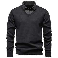 Men’s "Fake Two Piece" Thermal Pullover | Slim Fit Fleece Lined Smart Casual Sweater