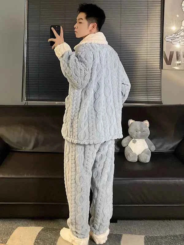 Men's Coral Fleece Pajama Set | Thickened Flannel Double-Breasted Long Sleeve Couple Sleepwear