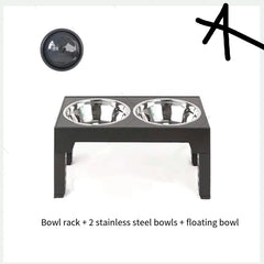 Bowl rack with two stainless steel bowls and a floating bowl on a white background