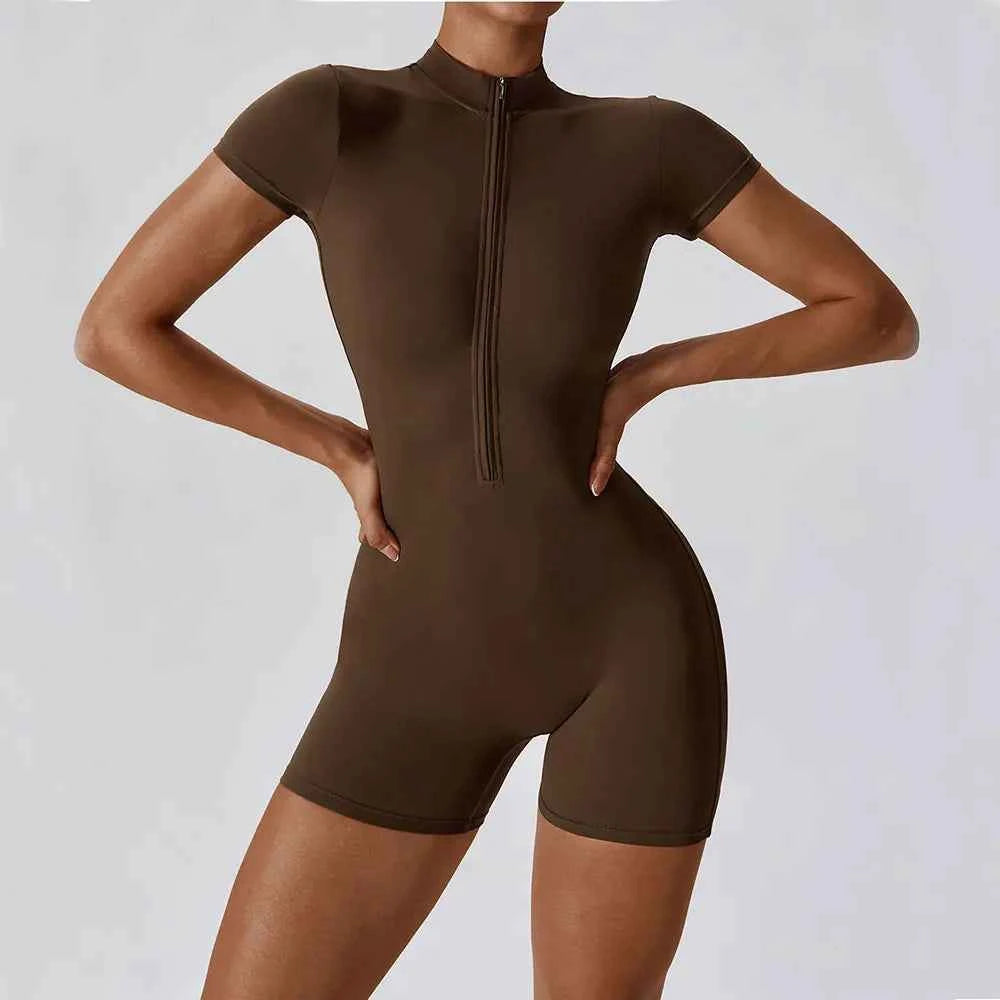Women's Short Sleeve Zipper Yoga Jumpsuit | Sports Bodysuit Gym Fitness Dance Running Workout