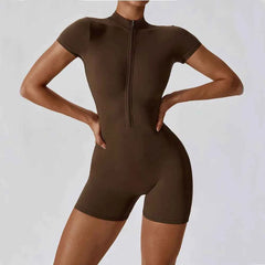 Women's Short Sleeve Zipper Yoga Jumpsuit | Sports Bodysuit Gym Fitness Dance Running Workout