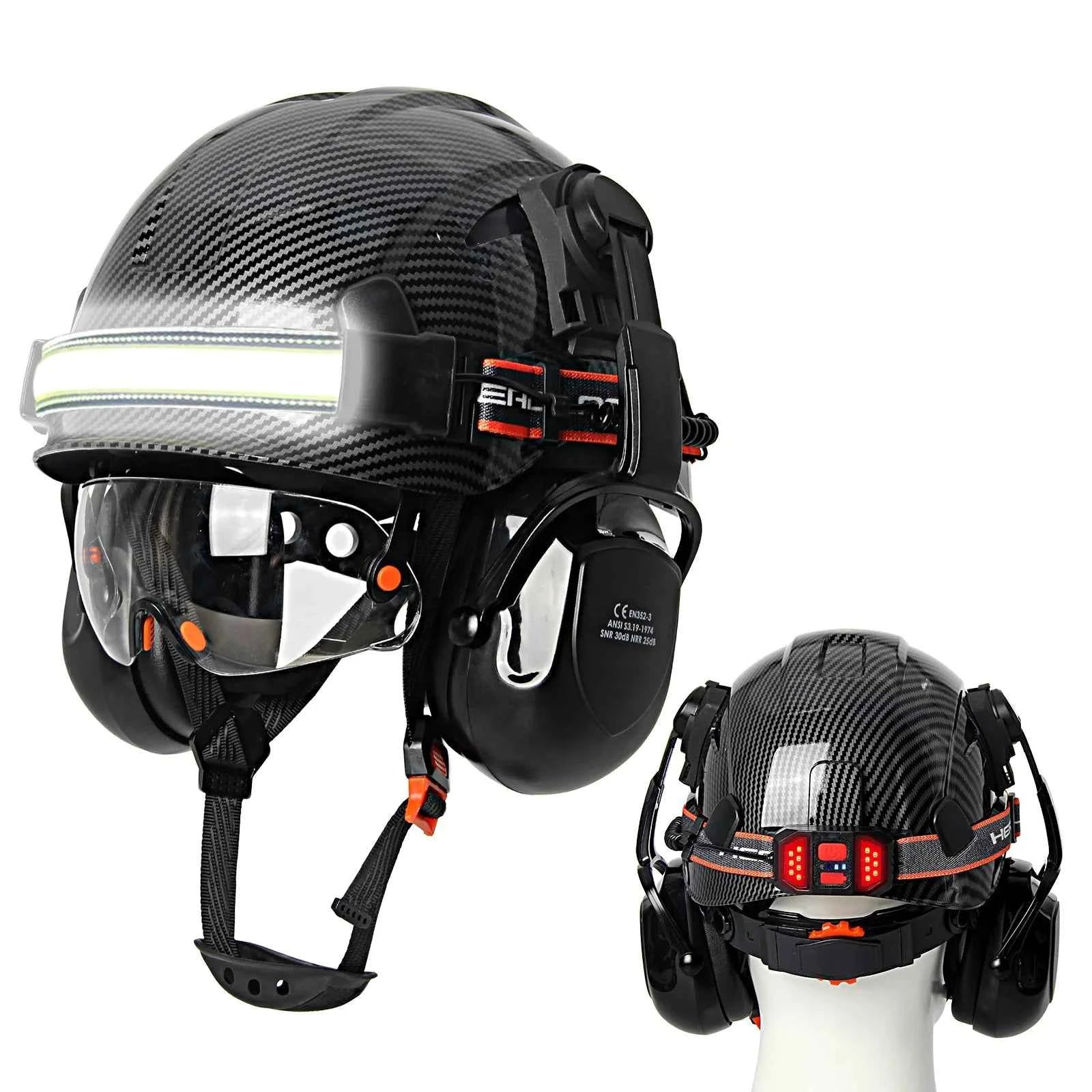 Construction safety helmet with built-in goggles, LED headlamp and earmuffs – image 1