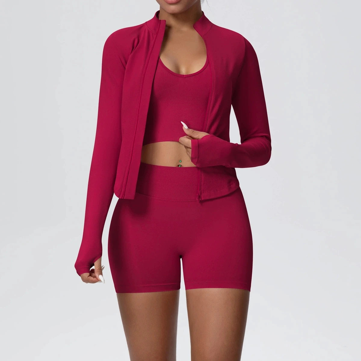 Women's 3-Piece Seamless Yoga Suit | Shockproof Bra Crop Top & Long Sleeve Gym Legging Set