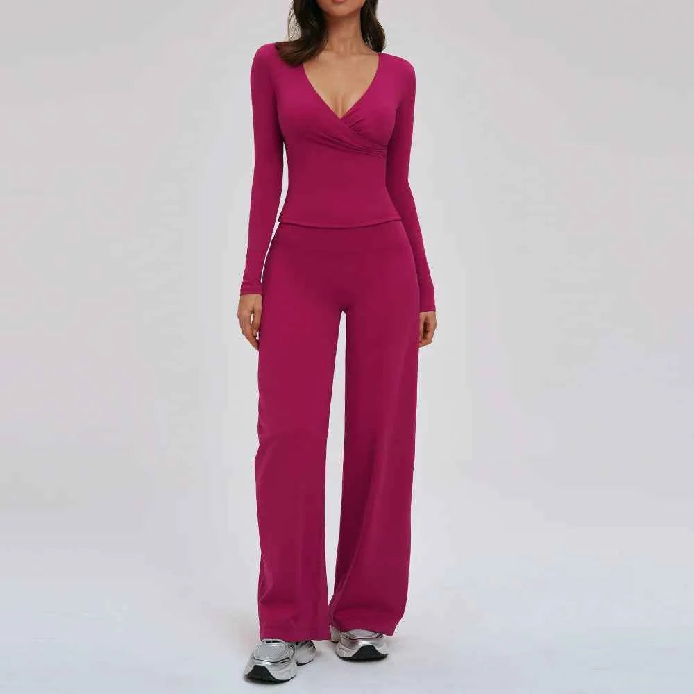 Women's 2-Piece Deep V Yoga Set | High Waist Flared Pants & Sports Bra Gym Fitness Tracksuit