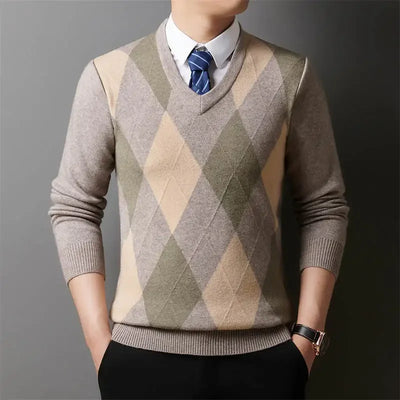 Men’s Argyle Plaid V-Neck Pullover | Classic Winter Knitted Sweater