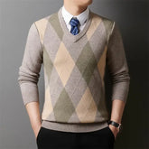 Men’s Argyle Plaid V-Neck Pullover | Classic Winter Knitted Sweater