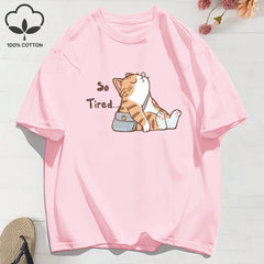 “Too Tired Cat” 100% Cotton Tee, Soft Relaxed Fit Streetwear Graphic Shirt