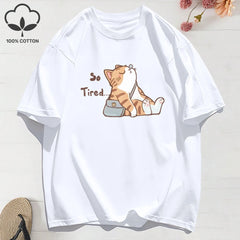 “Too Tired Cat” 100% Cotton Tee, Soft Relaxed Fit Streetwear Graphic Shirt