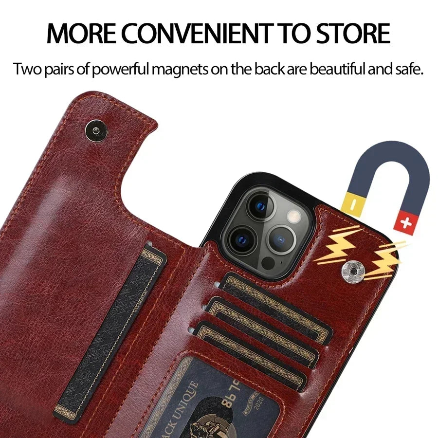 Double Button Wallet Flip Leather Case with Card Slot & Stand – for iPhone 14 Series - Phone Cases Covers