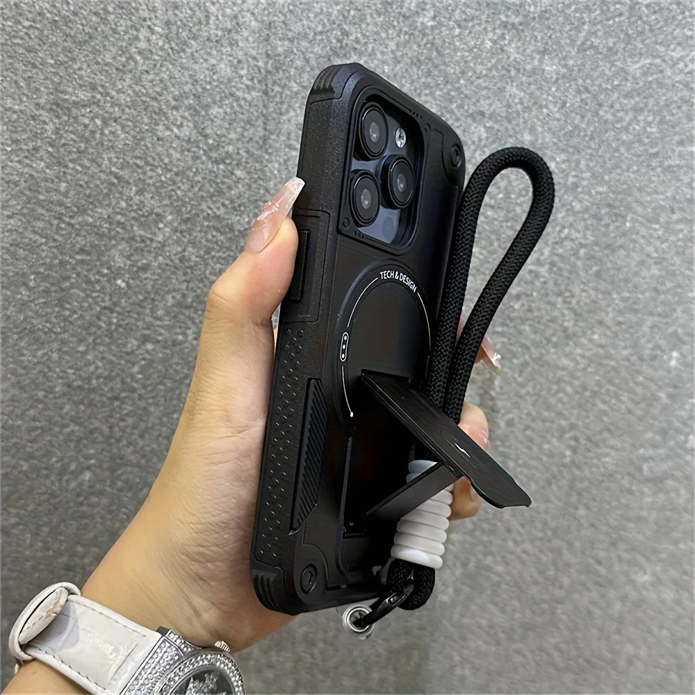 Kickstand Magnetic Shockproof With Strap Case - For iPhone 16 Series - Black Lanyard / Pro Max - Phone Cases & Covers