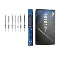 Miniware TS101 Smart Soldering Iron set with accessories on a purple background