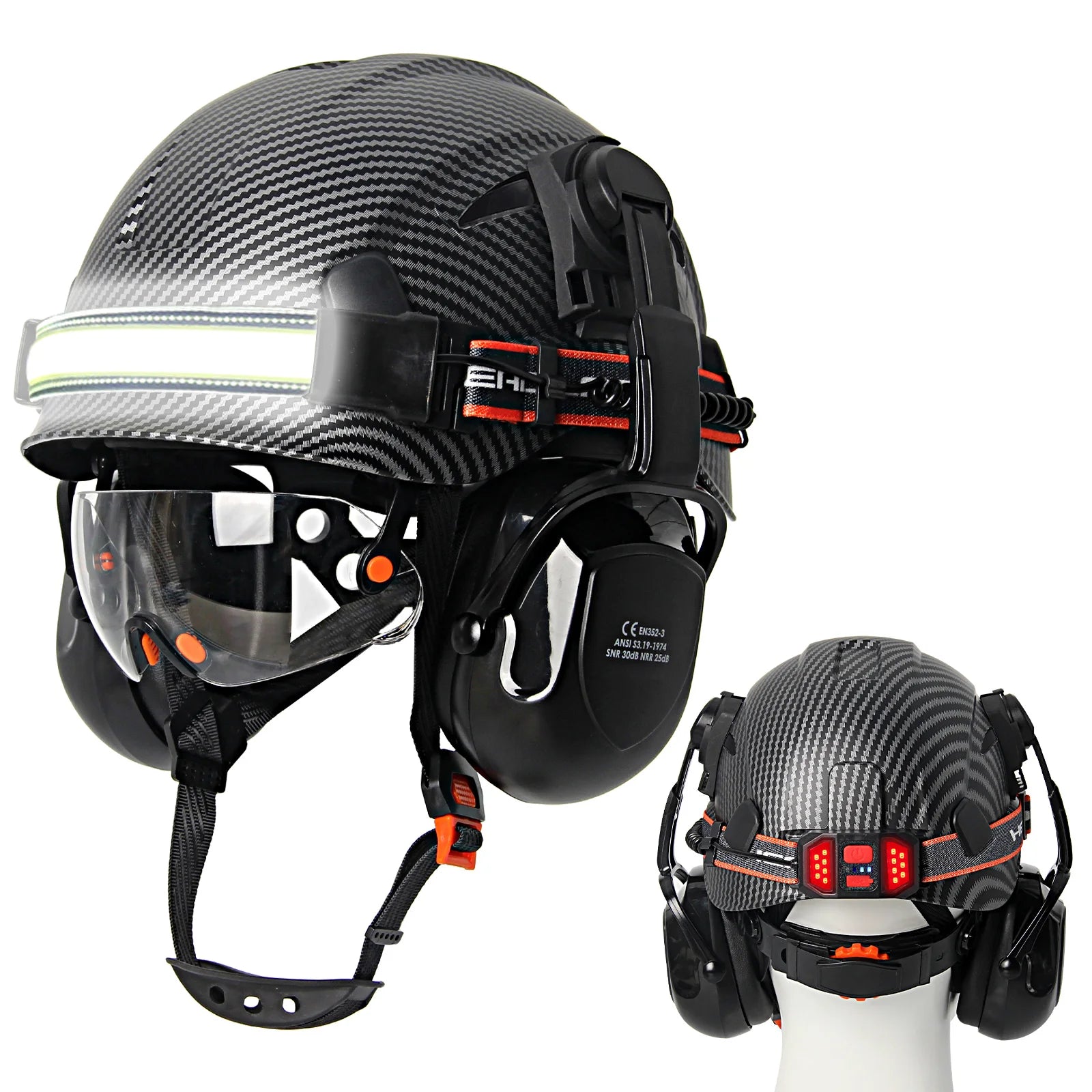Construction safety helmet with built-in goggles, LED headlamp and earmuffs – image 12