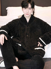 Men's Thickened Flannel Sleepwear Set | Coral Fleece Long Sleeve V-Neck Button Warm Loungewear