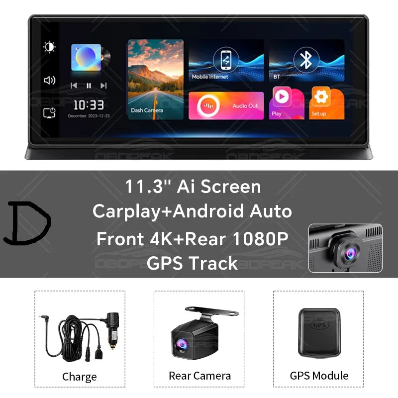 11.3" 4K Dash Cam – Rearview Camera DVR with CarPlay, Android Auto & GPS Navigation by Snagg A Car DVR