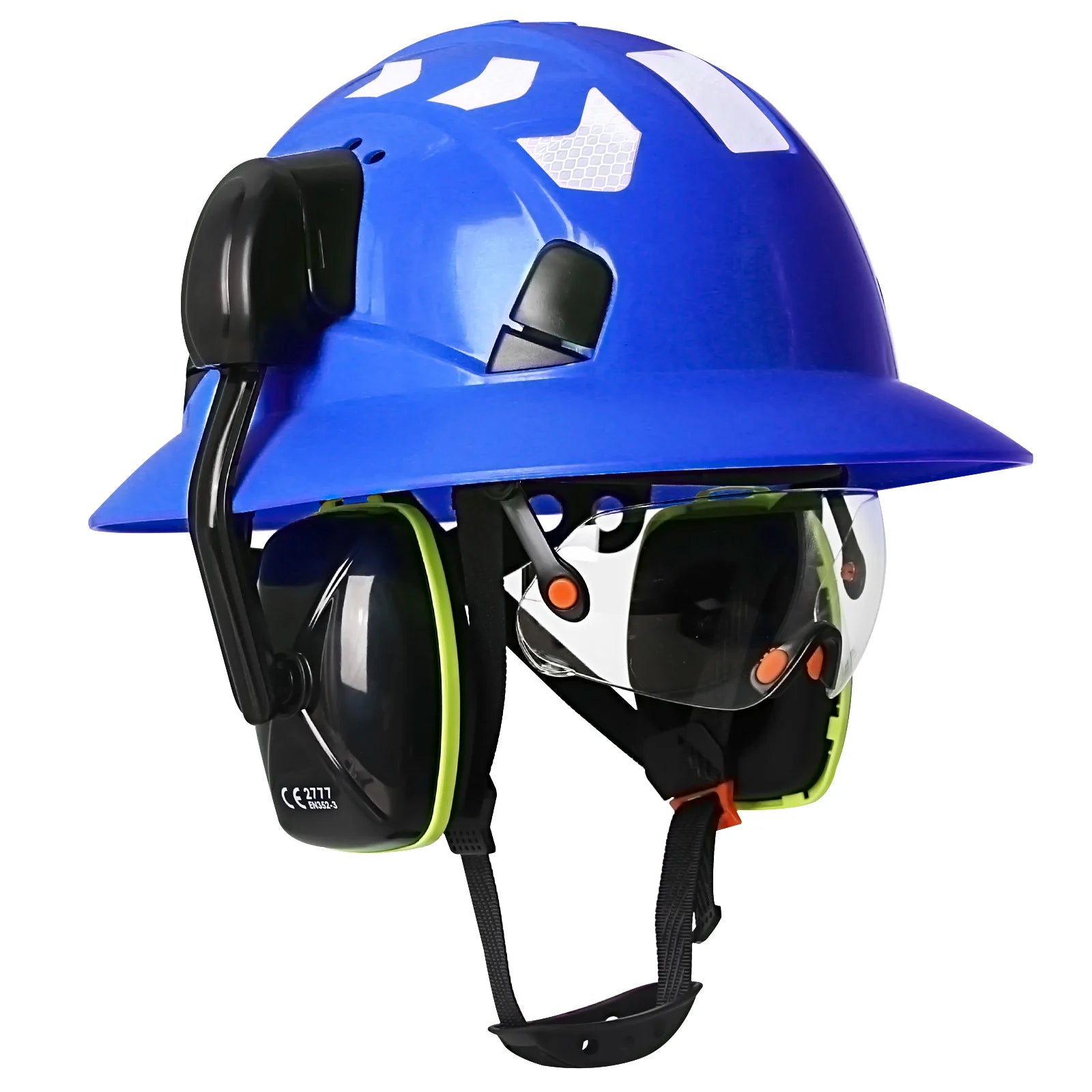Full brim construction safety helmet with goggles, earmuffs and reflective stickers – image 8