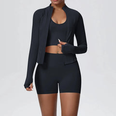 Women's 3-Piece Seamless Yoga Suit | Shockproof Bra Crop Top & Long Sleeve Gym Legging Set