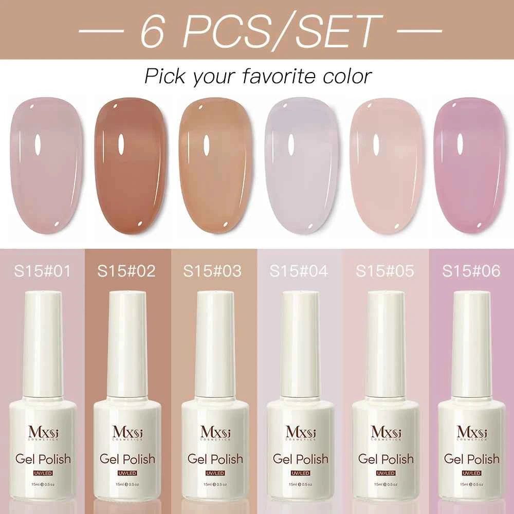 6 Piece Nude Pink Jelly Gel Collection – 15ml Professional Translucent "Syrup" Nail Art System