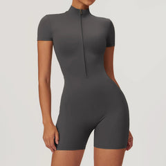 Women's Short Sleeve Zipper Yoga Jumpsuit | Sports Bodysuit Gym Fitness Dance Running Workout